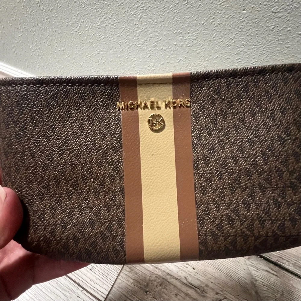 NEW Michael Kors Chocolate and Beige Belt Bag Crossbody Monogram Gold Accents